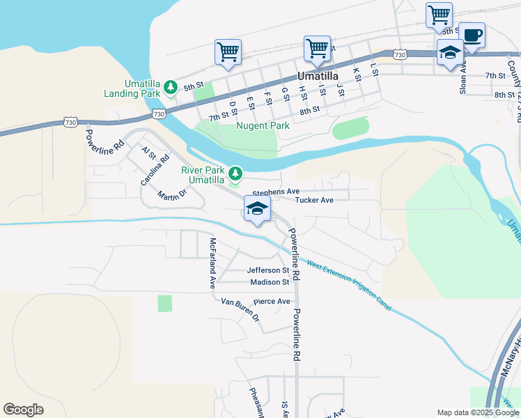 map of restaurants, bars, coffee shops, grocery stores, and more near 190 Jackson Street in Umatilla