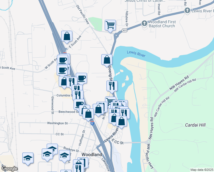 map of restaurants, bars, coffee shops, grocery stores, and more near 1455 North Goerig Street in Woodland