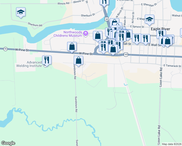 map of restaurants, bars, coffee shops, grocery stores, and more near 415 Nicolet Street in Eagle River