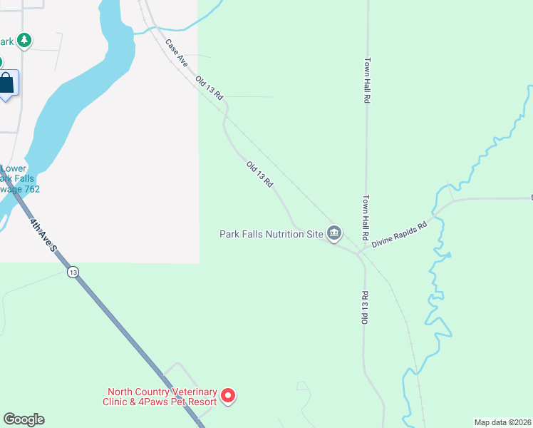 map of restaurants, bars, coffee shops, grocery stores, and more near N14987 Old 13 Road in Park Falls