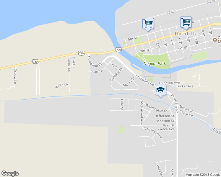 map of restaurants, bars, coffee shops, grocery stores, and more near 1138 Carolina Road in Umatilla