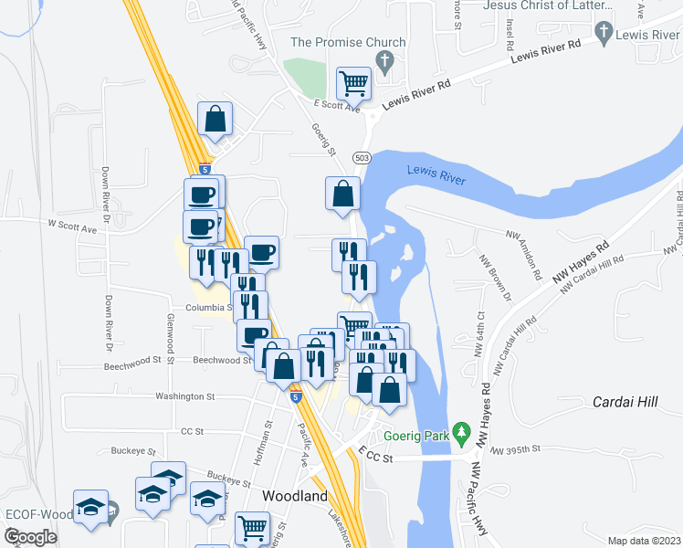 map of restaurants, bars, coffee shops, grocery stores, and more near 1459 North Goerig Street in Woodland