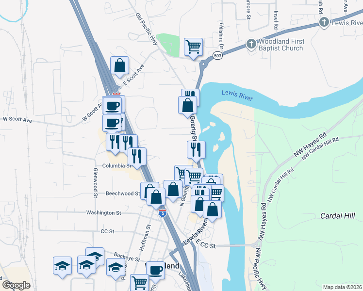 map of restaurants, bars, coffee shops, grocery stores, and more near 1473 North Goerig Street in Woodland