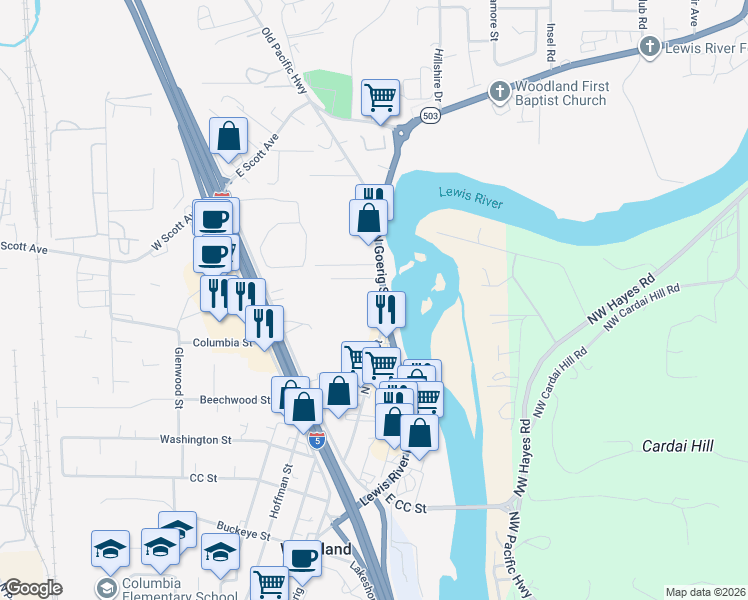 map of restaurants, bars, coffee shops, grocery stores, and more near 1455 North Goerig Street in Woodland
