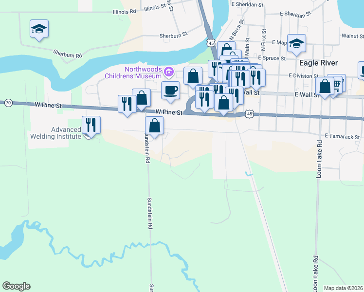 map of restaurants, bars, coffee shops, grocery stores, and more near 415 Nicolet Street in Eagle River