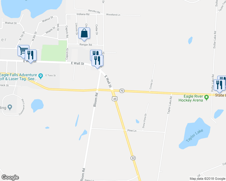 map of restaurants, bars, coffee shops, grocery stores, and more near 1278 U.S. Highway 45 in Eagle River