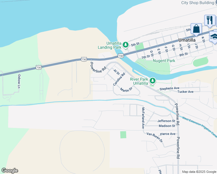 map of restaurants, bars, coffee shops, grocery stores, and more near 1138 Carolina Road in Umatilla