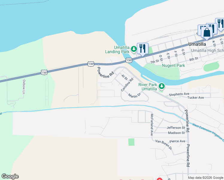 map of restaurants, bars, coffee shops, grocery stores, and more near 229 Merrick Ave in Umatilla