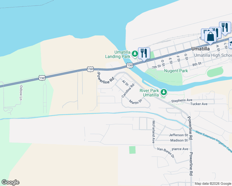map of restaurants, bars, coffee shops, grocery stores, and more near 229 Merrick Ave in Umatilla