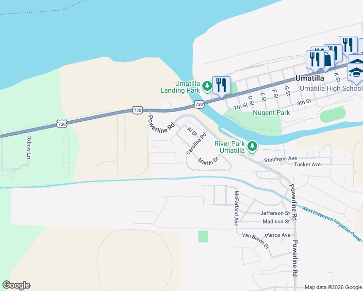 map of restaurants, bars, coffee shops, grocery stores, and more near 233 Raymond Street in Umatilla