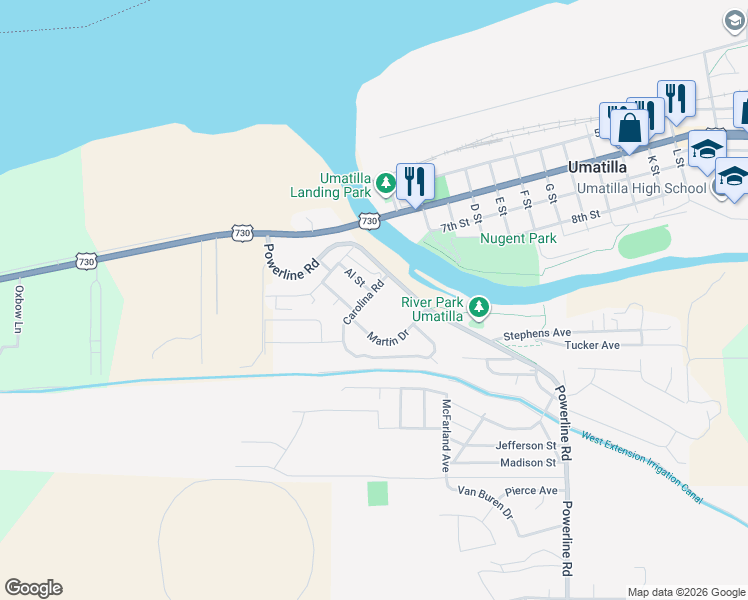 map of restaurants, bars, coffee shops, grocery stores, and more near 1101 Carolina Road in Umatilla