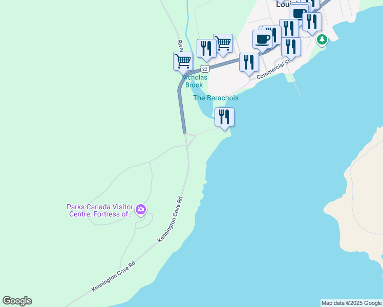 map of restaurants, bars, coffee shops, grocery stores, and more near 63 Kennington Cove Road in Louisbourg