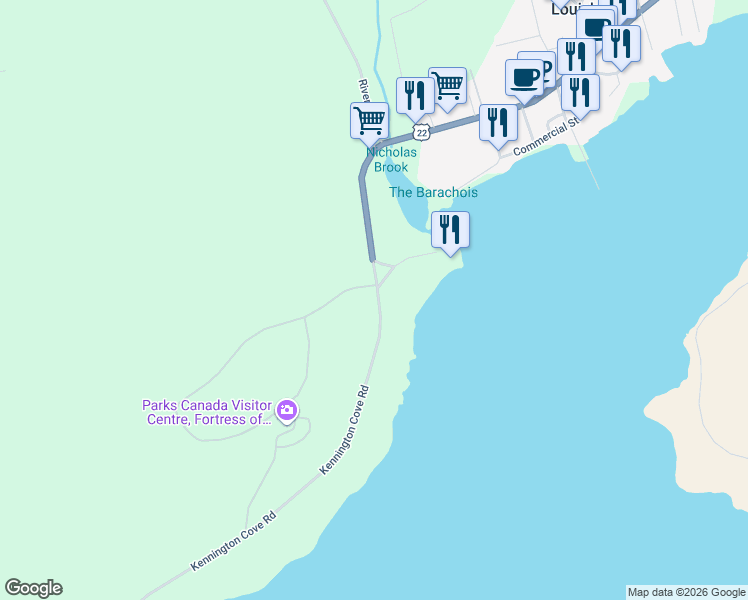 map of restaurants, bars, coffee shops, grocery stores, and more near 0 Wolfe Street in Louisbourg