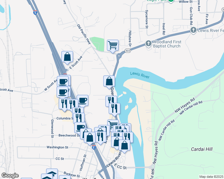 map of restaurants, bars, coffee shops, grocery stores, and more near 1521 North Goerig Street in Woodland