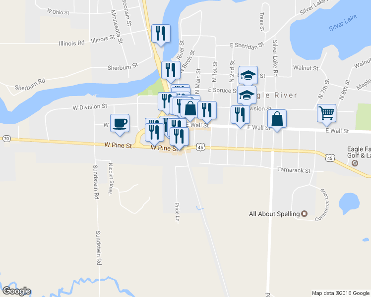 map of restaurants, bars, coffee shops, grocery stores, and more near 20 State Road 70 in Eagle River