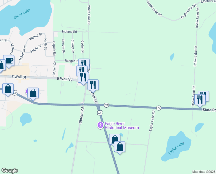 map of restaurants, bars, coffee shops, grocery stores, and more near 1280 White Pine Drive in Eagle River
