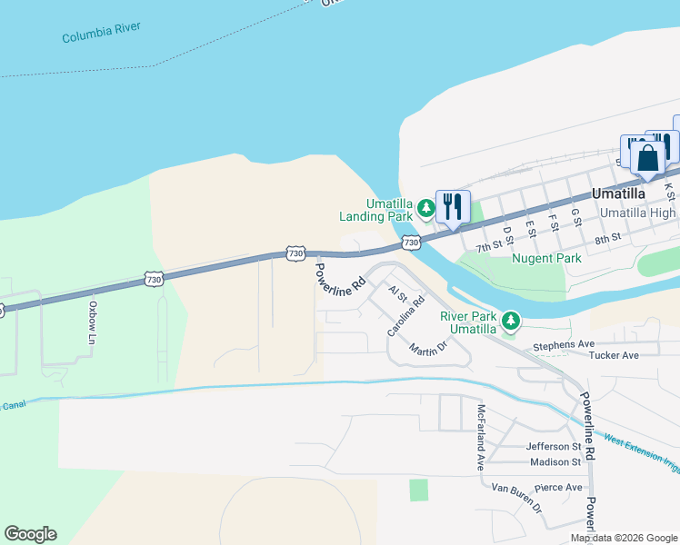 map of restaurants, bars, coffee shops, grocery stores, and more near 28895 U.S. 730 in Umatilla