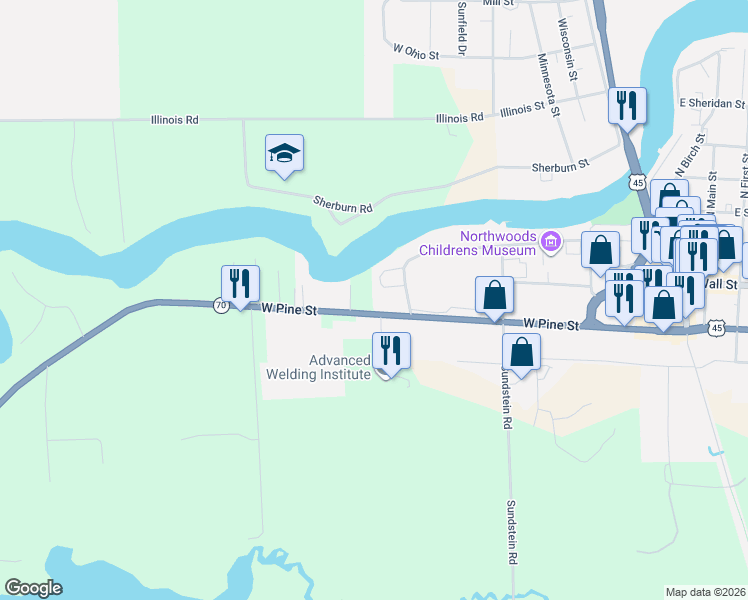 map of restaurants, bars, coffee shops, grocery stores, and more near 815 Pine Street in Eagle River