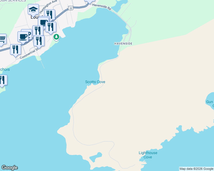 map of restaurants, bars, coffee shops, grocery stores, and more near 255 Havenside Road in Louisbourg