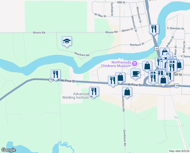 map of restaurants, bars, coffee shops, grocery stores, and more near 101-299 South Park Street in Eagle River