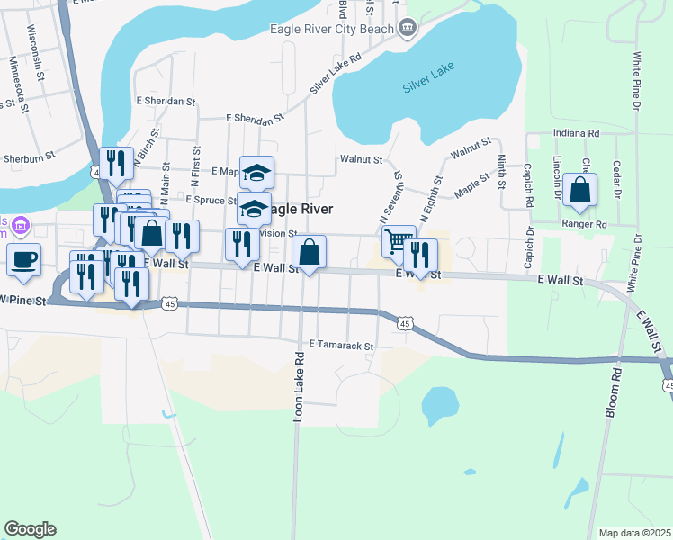 map of restaurants, bars, coffee shops, grocery stores, and more near 702 East Wall Street in Eagle River