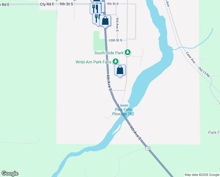 map of restaurants, bars, coffee shops, grocery stores, and more near 1442 S 4th Ave in Park Falls