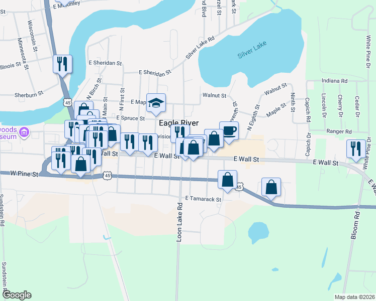 map of restaurants, bars, coffee shops, grocery stores, and more near 622 East Wall Street in Eagle River