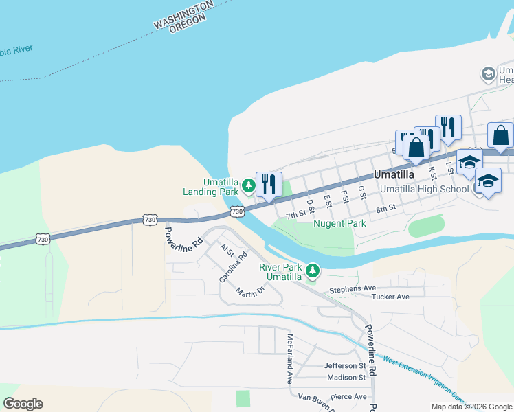 map of restaurants, bars, coffee shops, grocery stores, and more near 6th St in Umatilla
