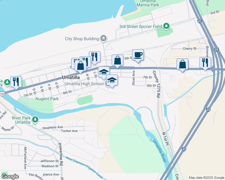 map of restaurants, bars, coffee shops, grocery stores, and more near 1400 7th Street in Umatilla