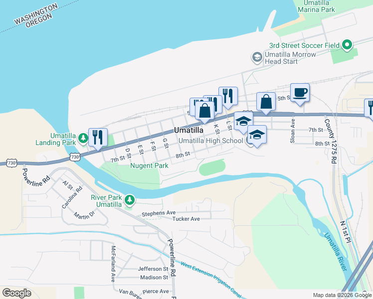 map of restaurants, bars, coffee shops, grocery stores, and more near 801 8th Street in Umatilla