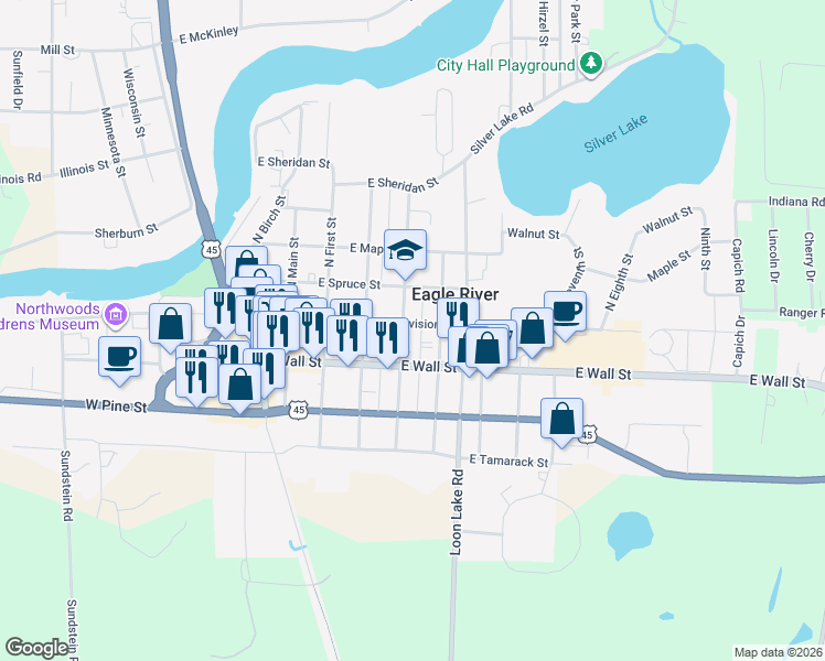 map of restaurants, bars, coffee shops, grocery stores, and more near 517 East Division Street in Eagle River