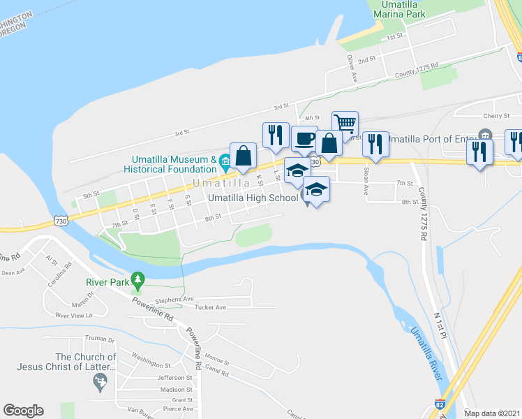 map of restaurants, bars, coffee shops, grocery stores, and more near 900 K Street in Umatilla