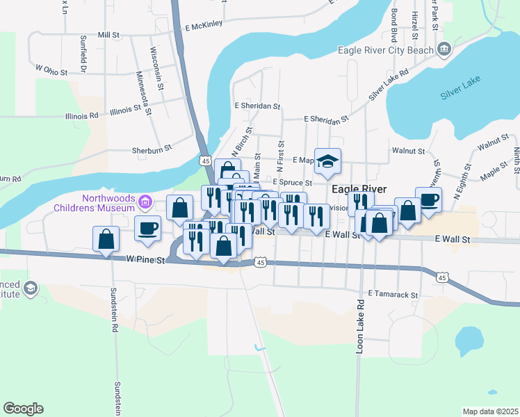 map of restaurants, bars, coffee shops, grocery stores, and more near 208 East Division Street in Eagle River