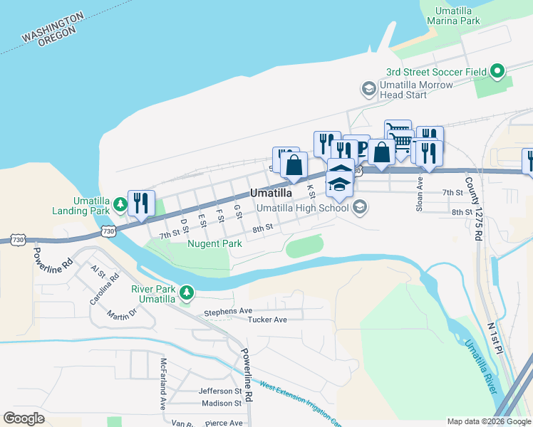 map of restaurants, bars, coffee shops, grocery stores, and more near 801 8th Street in Umatilla