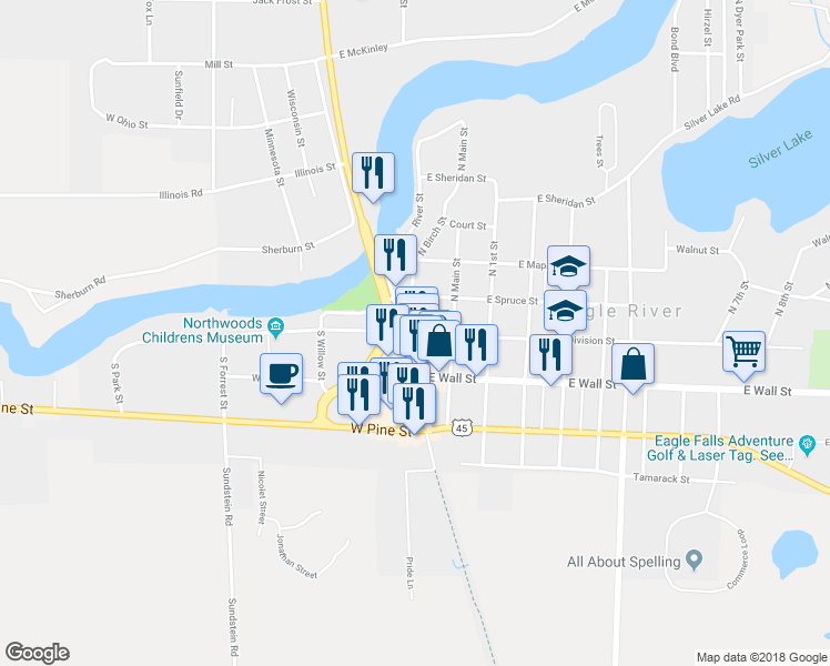 map of restaurants, bars, coffee shops, grocery stores, and more near 121 East Division Street in Eagle River