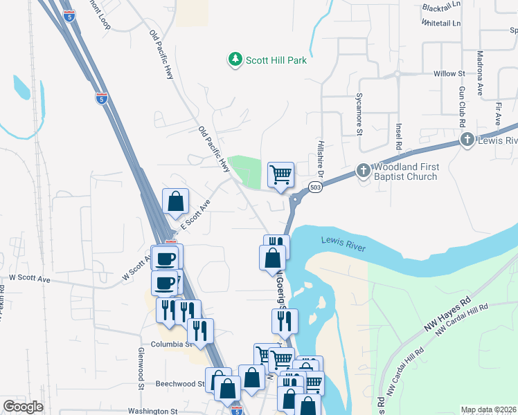 map of restaurants, bars, coffee shops, grocery stores, and more near 1695 Lewis River Road in Woodland