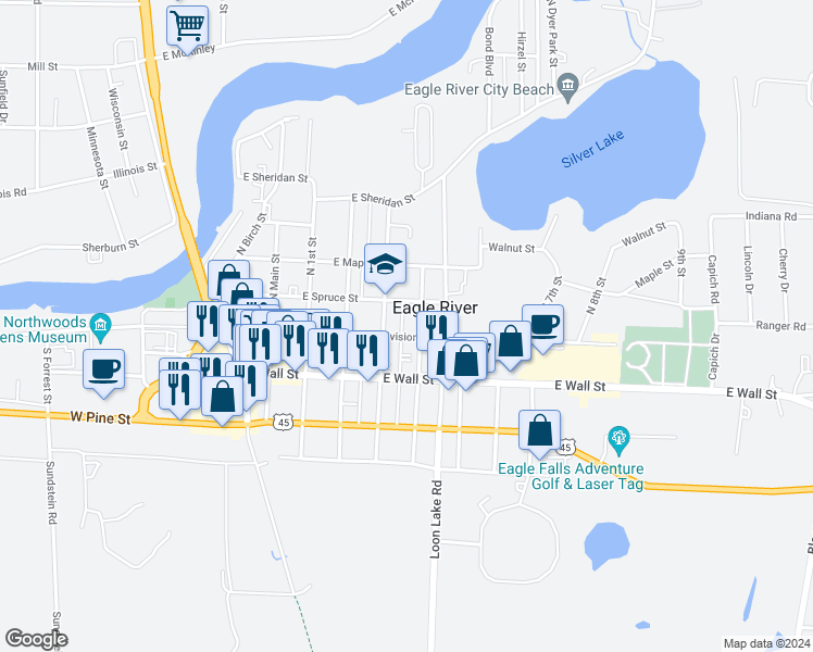 map of restaurants, bars, coffee shops, grocery stores, and more near 517 East Division Street in Eagle River