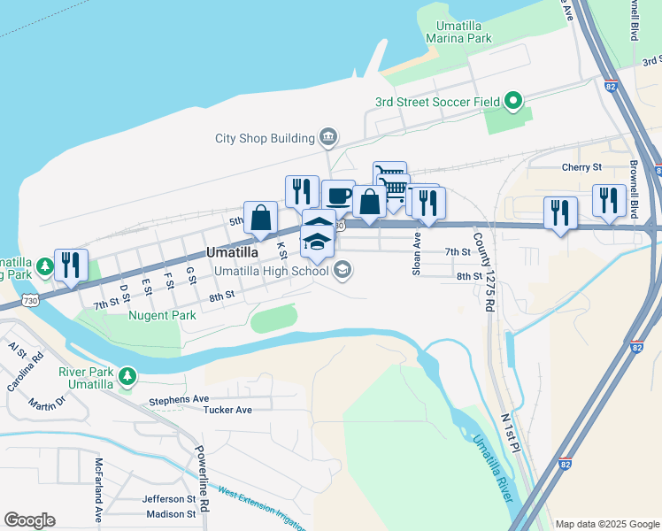 map of restaurants, bars, coffee shops, grocery stores, and more near 1300 7th Street in Umatilla