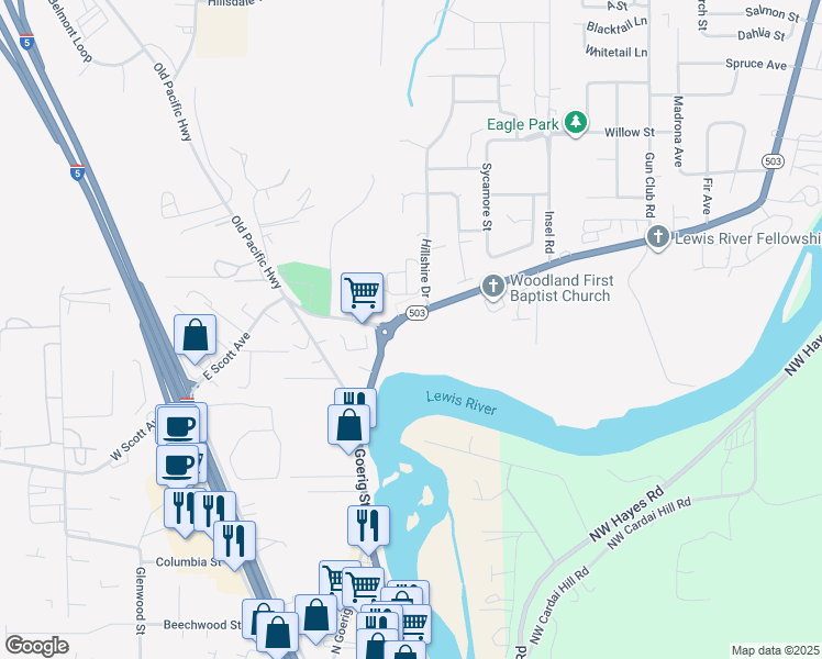 map of restaurants, bars, coffee shops, grocery stores, and more near 1708 Lewis River Road in Woodland