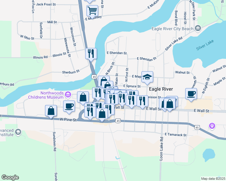 map of restaurants, bars, coffee shops, grocery stores, and more near 121 East Division Street in Eagle River