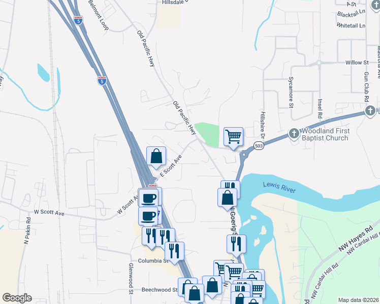 map of restaurants, bars, coffee shops, grocery stores, and more near 165 Peach Tree Court in Woodland