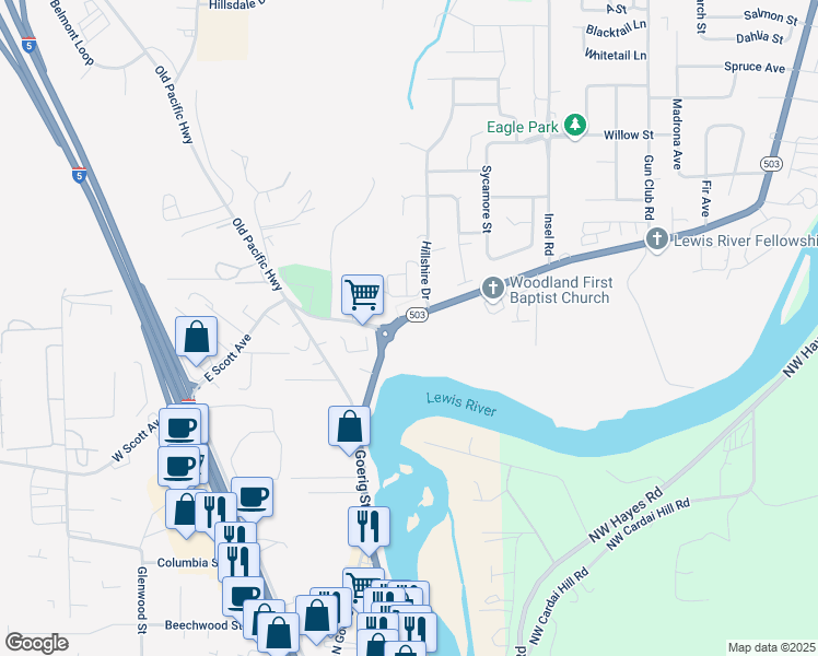 map of restaurants, bars, coffee shops, grocery stores, and more near 1712 Lewis River Road in Woodland