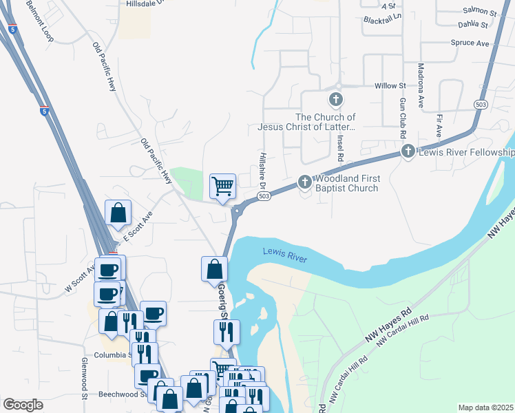 map of restaurants, bars, coffee shops, grocery stores, and more near 1720 Lewis River Road in Woodland