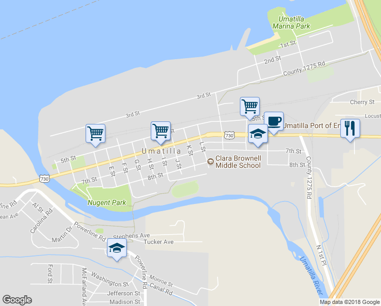 map of restaurants, bars, coffee shops, grocery stores, and more near 7th Street in Umatilla