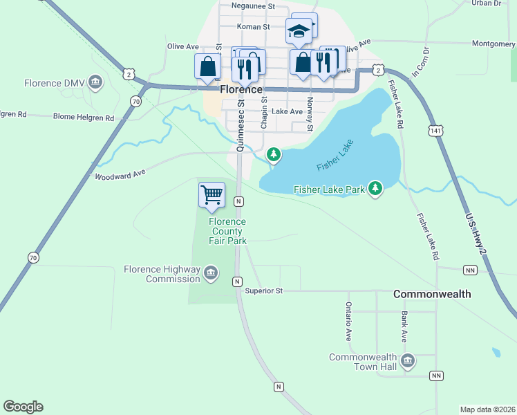 map of restaurants, bars, coffee shops, grocery stores, and more near 101 Quinnesec Street in Florence