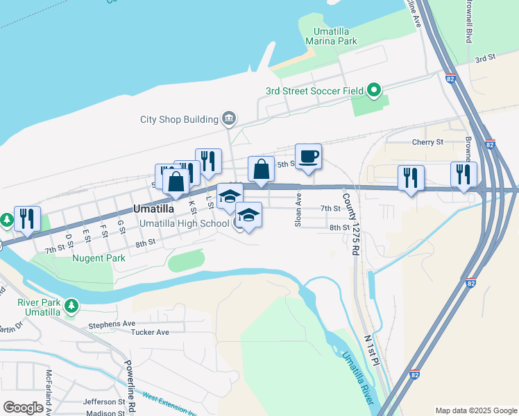 map of restaurants, bars, coffee shops, grocery stores, and more near 1400 7th Street in Umatilla