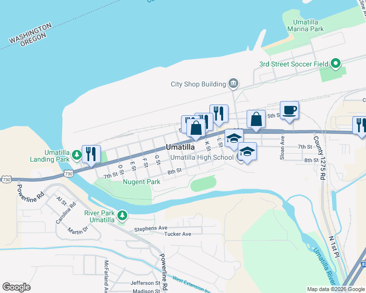 map of restaurants, bars, coffee shops, grocery stores, and more near in Umatilla