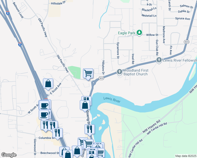 map of restaurants, bars, coffee shops, grocery stores, and more near 1725 Lewis River Road in Woodland