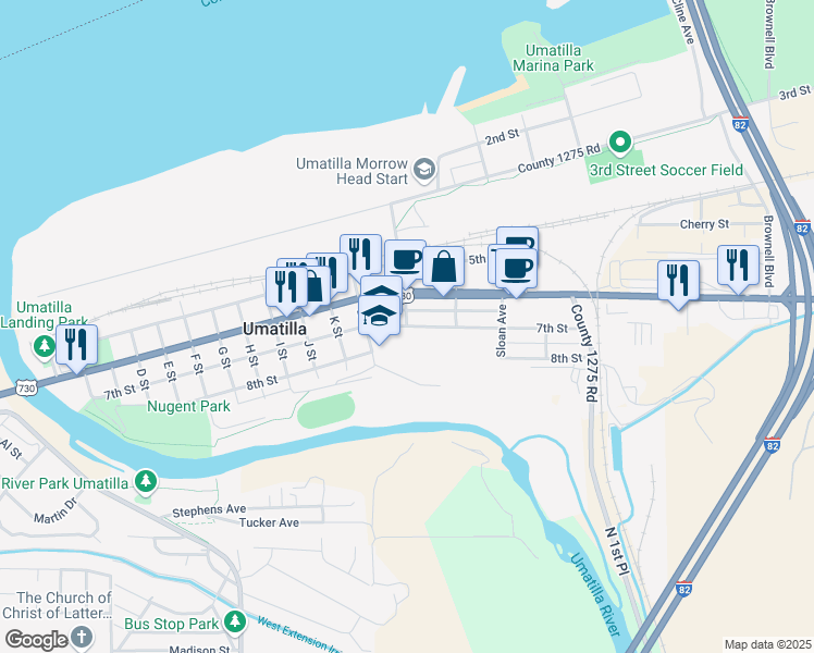map of restaurants, bars, coffee shops, grocery stores, and more near 1300 7th Street in Umatilla
