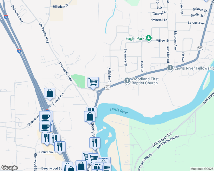 map of restaurants, bars, coffee shops, grocery stores, and more near 1725 Lewis River Road in Woodland